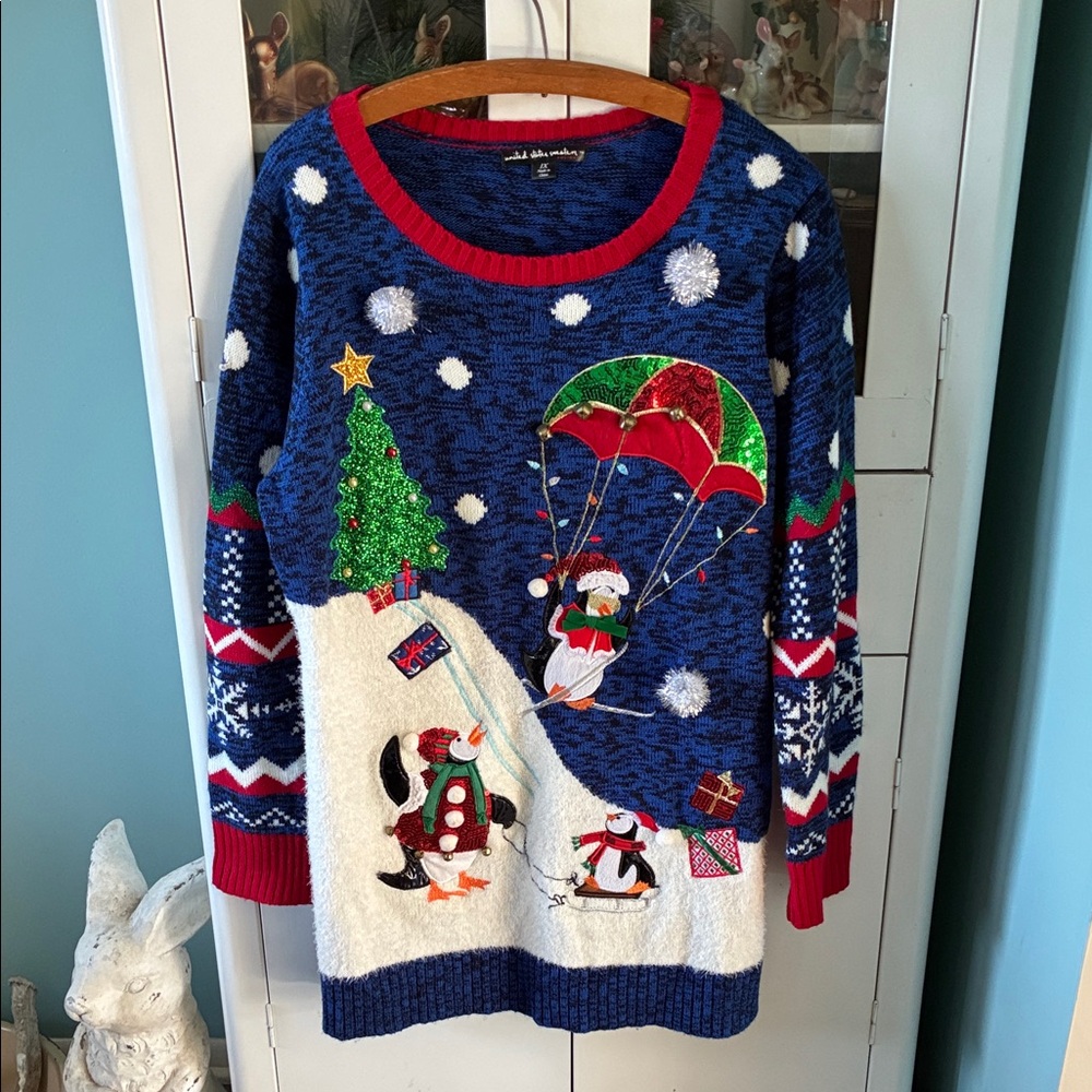 United States Seeaters sz 1X Ugly Christmas Festive Blue Sweater Penguins
